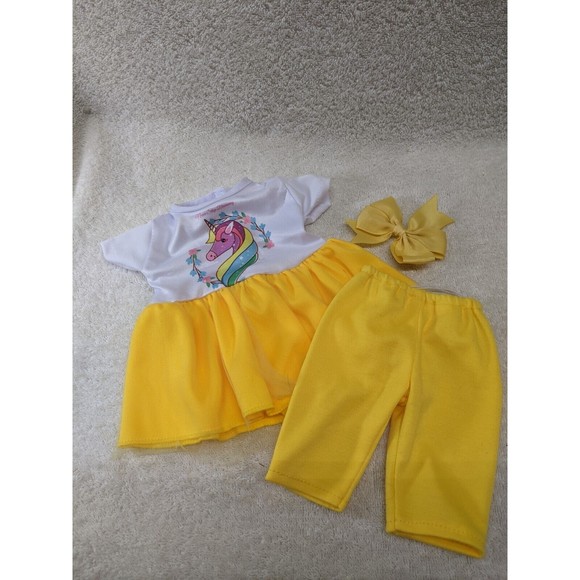 18" Baby Doll Clothes Yellow Unicorn Outfit with Hair Bow - Picture 1 of 7